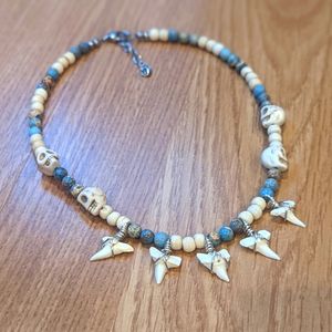 FINAL PRICE Shark Teeth Bone Bead Jasper Skull Carved Howlite Choker Necklace